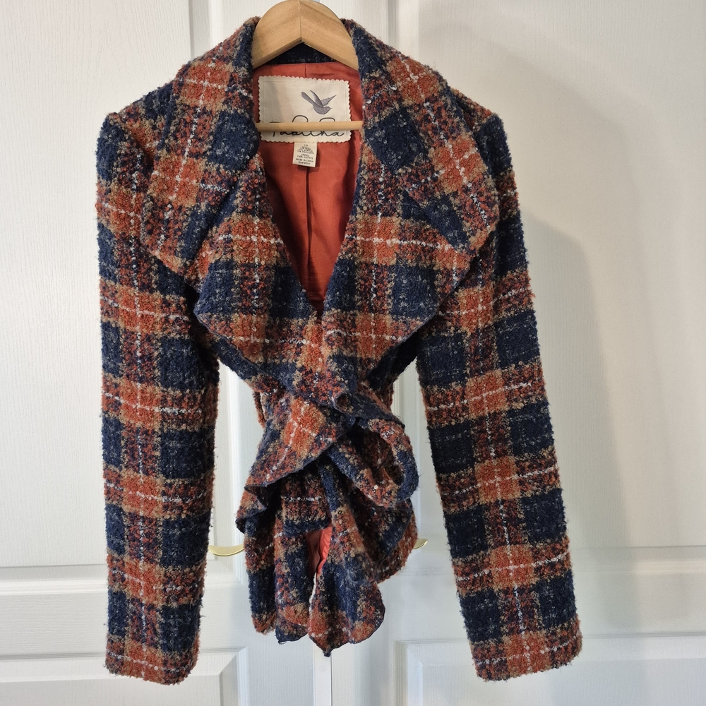 Plaid Wool Blend Jacket - Blue and Orange